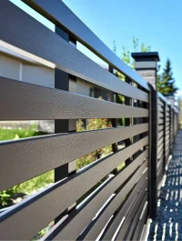 Modern dark brown fence with horizontal slats, extending along a walkway lined with landscaping.