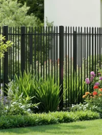 Sleek black aluminum fence creates minimalist boundary for garden with colorful roses, green foliage.